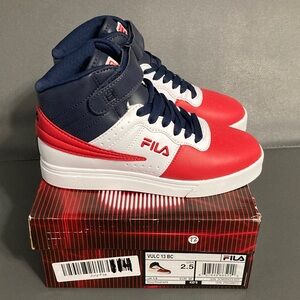 Fila Red, Blue, and White High-Top Sneakers